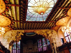 The sun shines through the ceiling of the Palau de la Musica Catalanya...