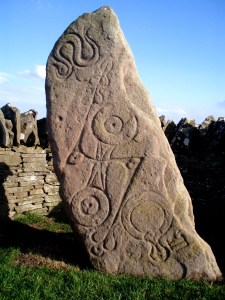 The Aberlemno Serpent Stone, Class I Pictish stone, showing (top to bottom) the serpent, the double disc and Z-rod and the mirror and comb - Wikipaedia