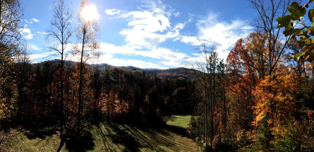 Late fall morning view from balcony across Buffalo Valley golf Course to the Smoky Mountains of Cherokee National Park